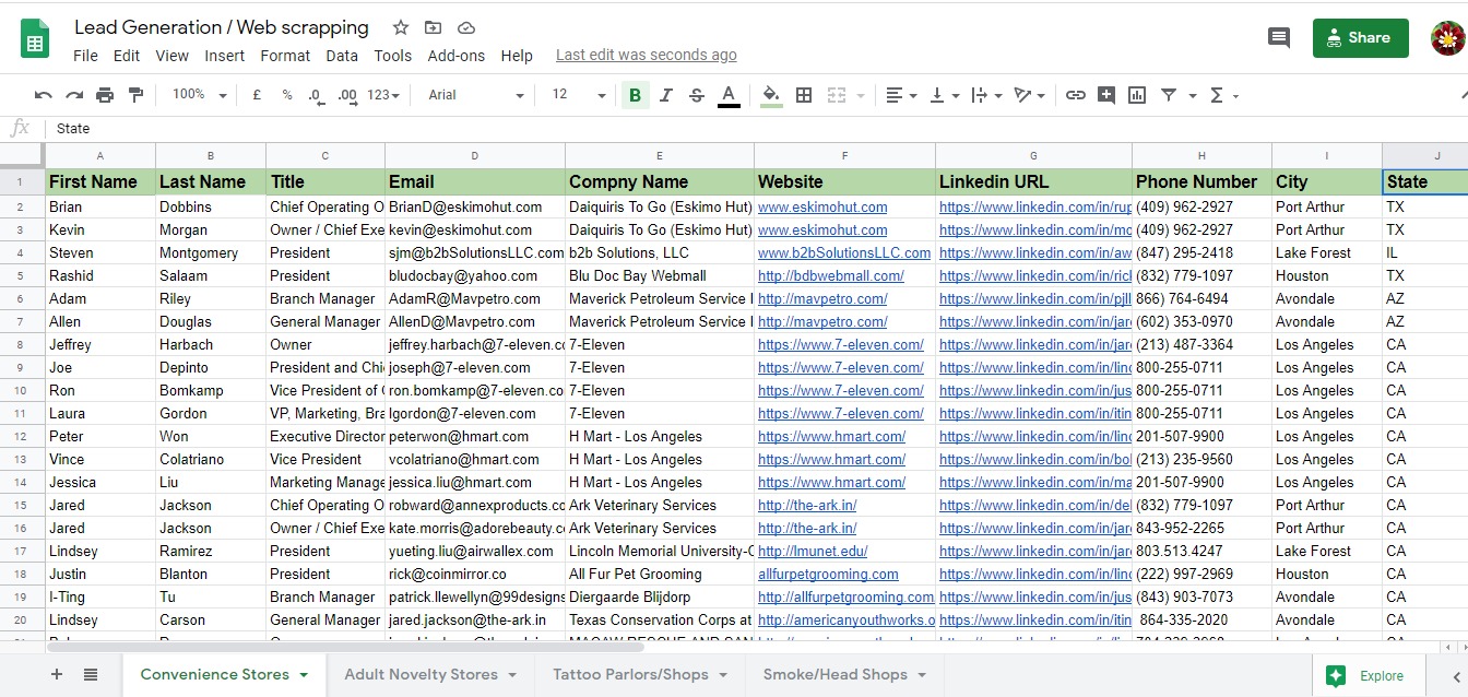 Spreadsheet excerpt from the Multi-Category B2B Prospect Database project for a retail & local business client