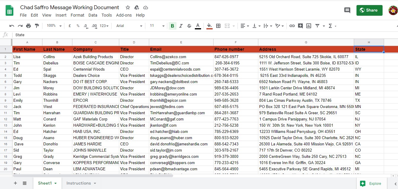 Spreadsheet excerpt from the Building Materials Executive Contacts project, Manufacturing & Building Supply industry