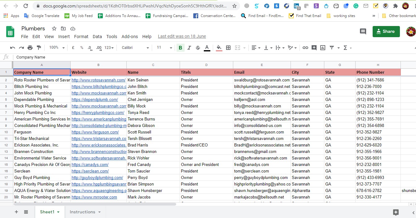 Spreadsheet excerpt from the Savannah Plumbing Companies project, Home Services industry