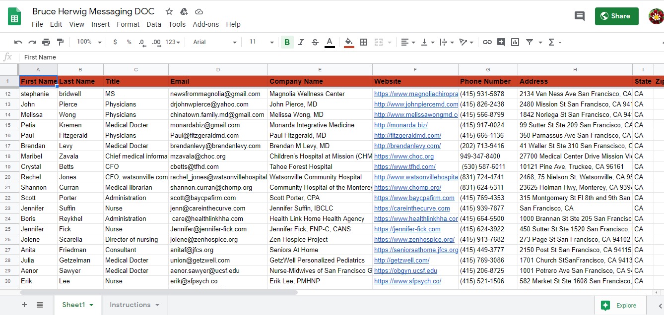 Spreadsheet excerpt from the SF Bay Area Medical Contacts project, Healthcare industry