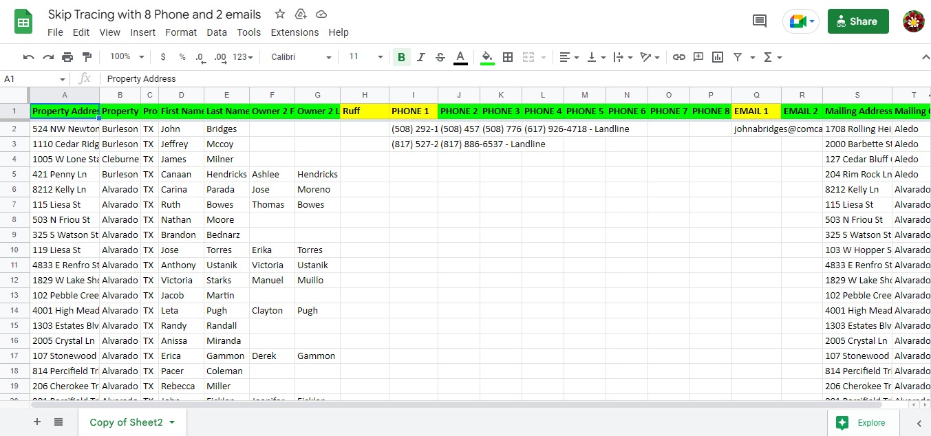 Spreadsheet excerpt from the Texas Property Owner Skip Trace project for a real estate client