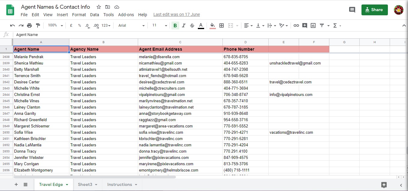 Spreadsheet excerpt from the National Travel Agent Network project, Travel & Tourism industry