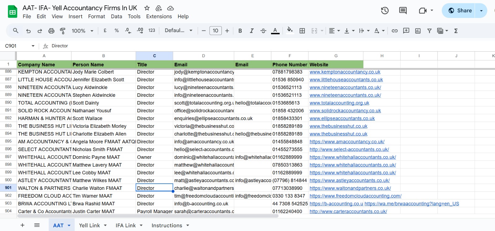 Spreadsheet excerpt from the UK Accountancy Firms Directory project, Finance & Professional Services industry