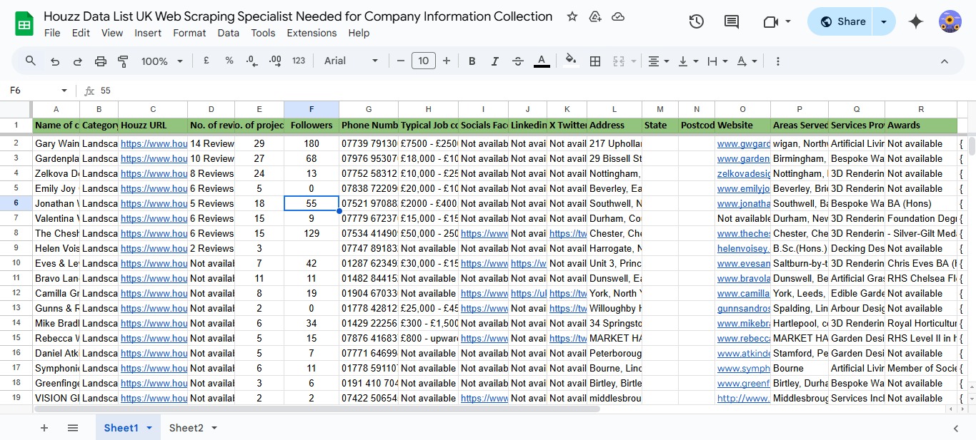 Spreadsheet excerpt from the UK Landscaping & Garden Design Directory project, Home & Garden industry
