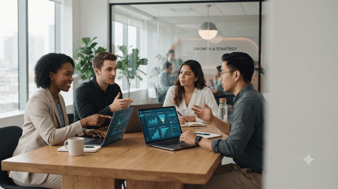 Our team collaborating on growth strategy in a modern office